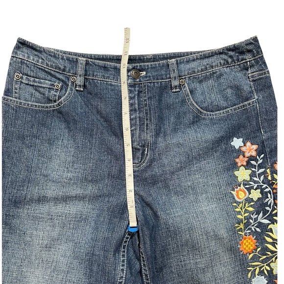 Talbots 5 Pocket Blue Denim Floral Embroidered Wide Leg Jeans 10 - Picture 6 of 10
